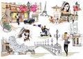 Set of Paris illustrations with fashion girls, cafes and sights.